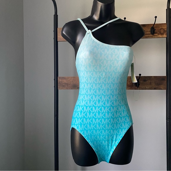 Michael Kors Ombre Logo One Shoulder One-Piece Turquoise swimsuit size 6 NEW - Picture 2 of 6